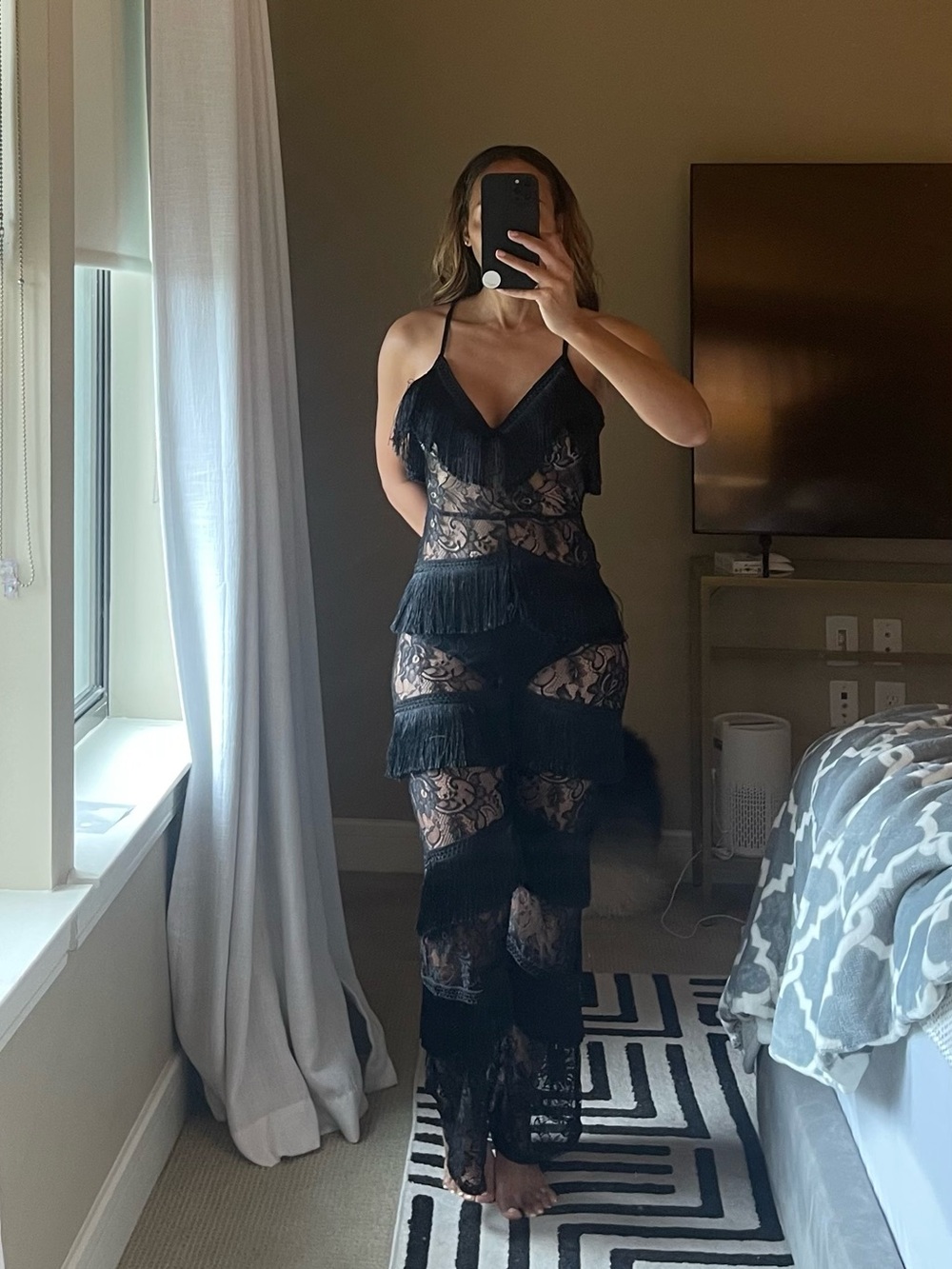 Sheer Lace Fringe Jumpsuit in Black